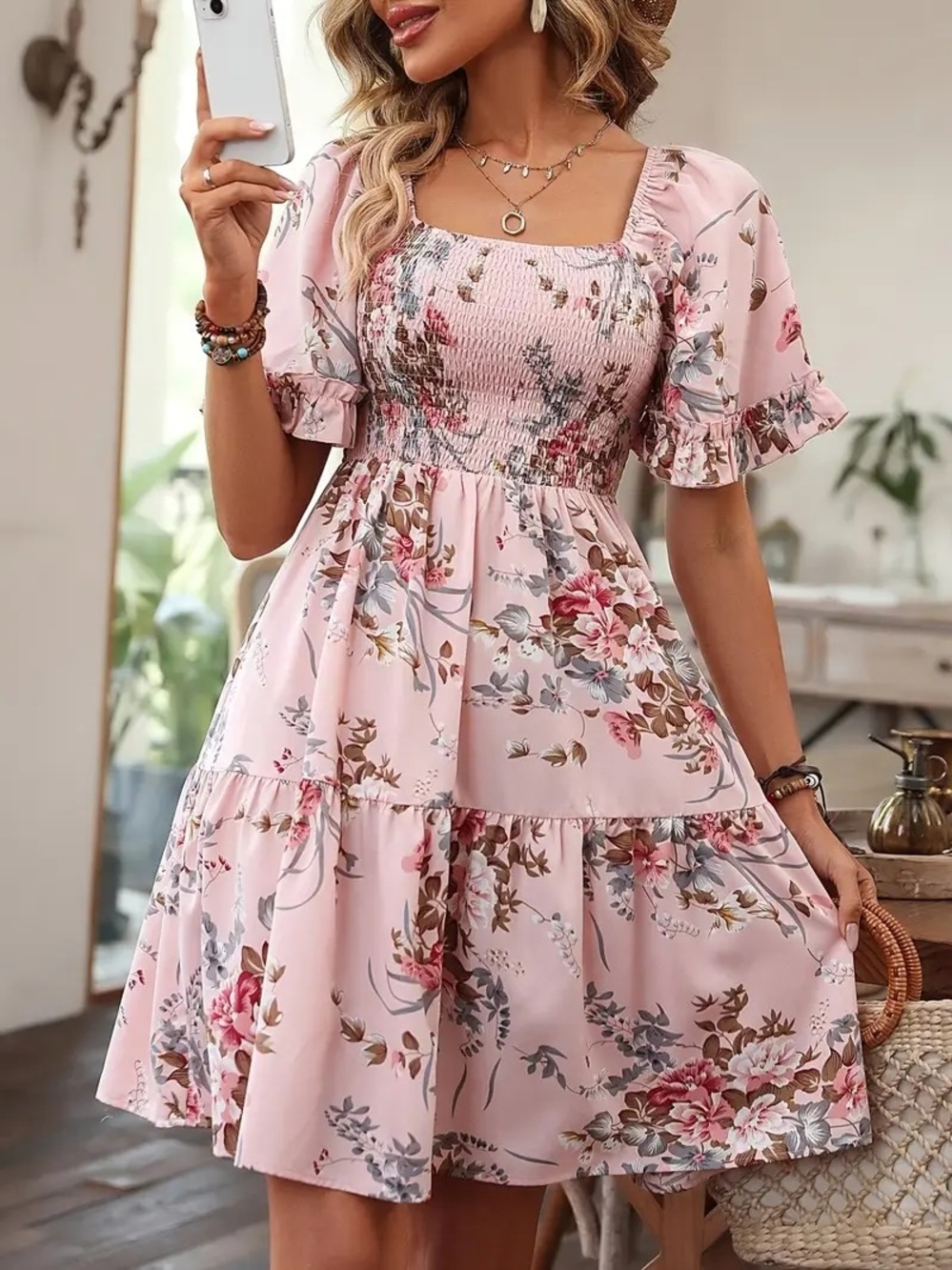 Floral Smocked Square Neck Mini Dress — Pink